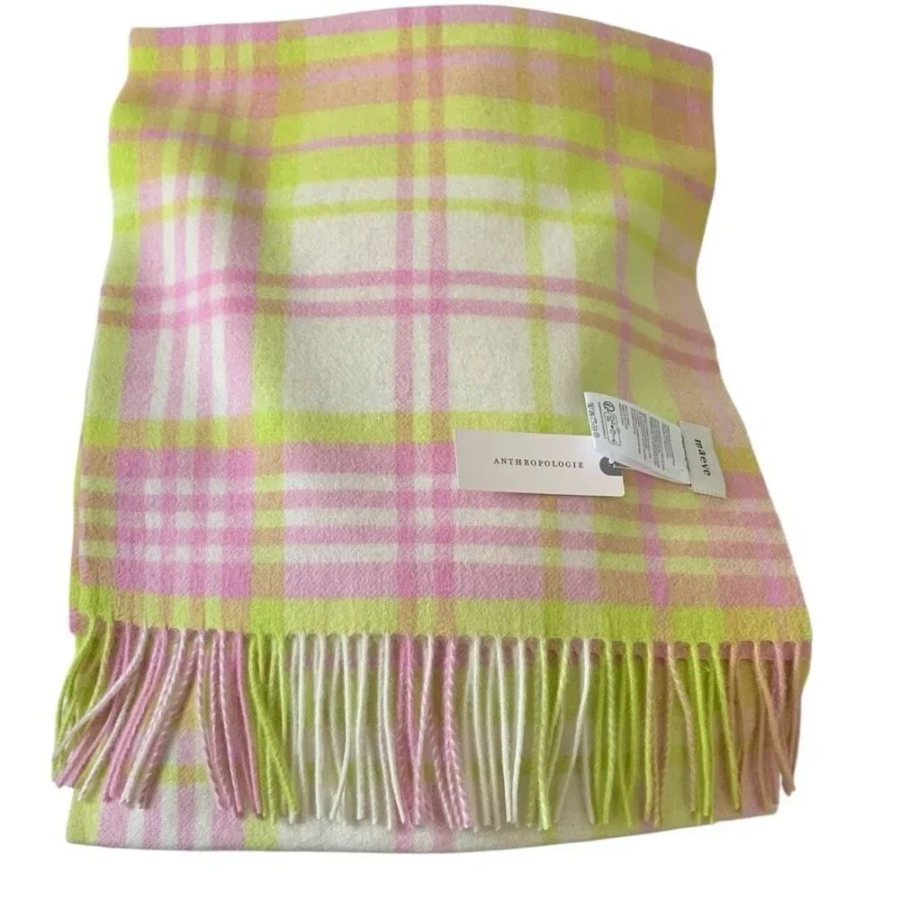 Anthropologie Maeve Pink Yellow Plaid Wool Scarf, New with Tags